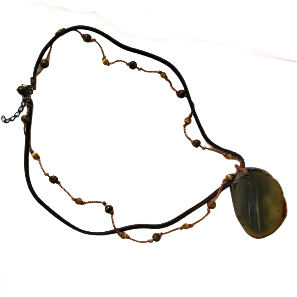 Boho Necklace with Flat Green Stone and Brown Cord